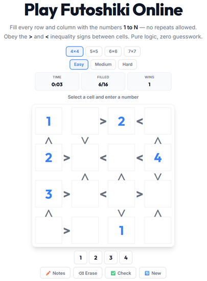Futoshiki inequality puzzle played online — fill the Latin square obeying greater-than signs