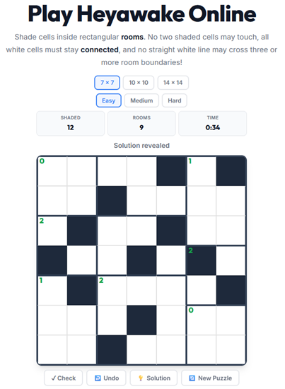 Heyawake shading puzzle played online — shade cells in rooms following connectivity and adjacency rules