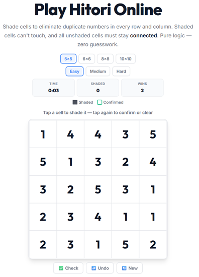 Hitori elimination puzzle played online — shade duplicate numbers so none repeat in a row or column