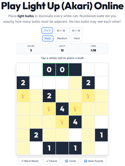 Light Up Akari puzzle played online — place light bulbs to illuminate every cell