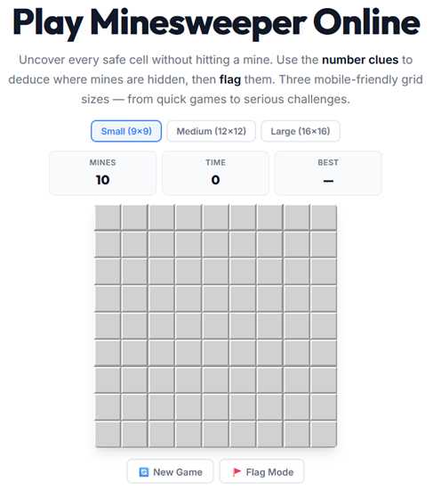 Minesweeper pencil puzzle played online — deduce mine locations from numbered clues