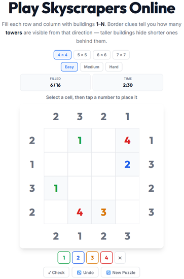Skyscrapers logic puzzle played online — place buildings so the correct number are visible from each edge