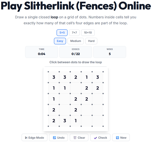 Slitherlink loop puzzle played online — draw a single closed loop along grid edges matching number clues