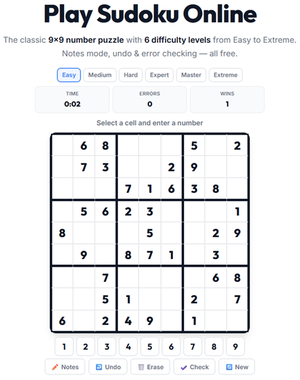 Sudoku pencil puzzle played online — fill the 9×9 grid so every row, column, and box contains 1–9