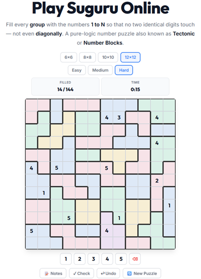 Suguru number blocks puzzle played online — fill irregular regions with digits that never touch