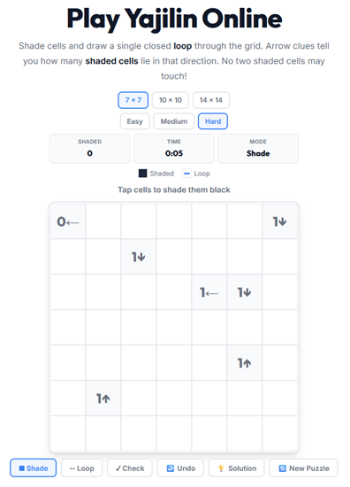 Yajilin arrow loop puzzle played online — draw a loop and shade cells guided by arrow clues