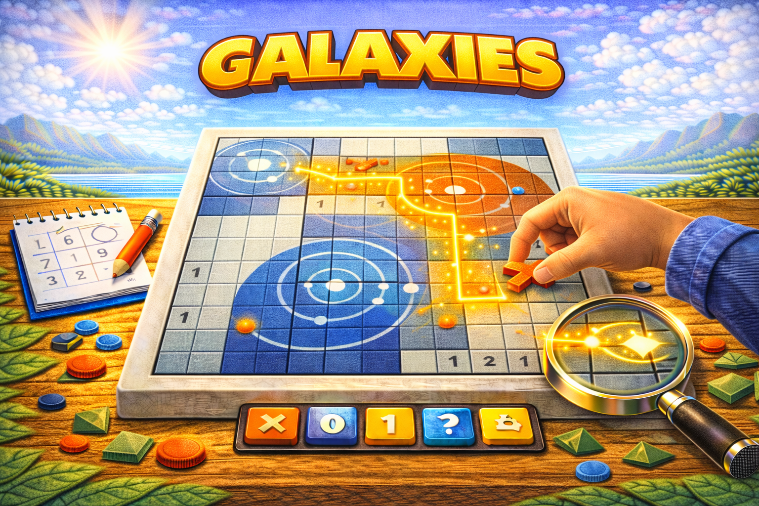 Galaxies logic puzzle — divide the grid into rotationally symmetric regions around galaxy centres