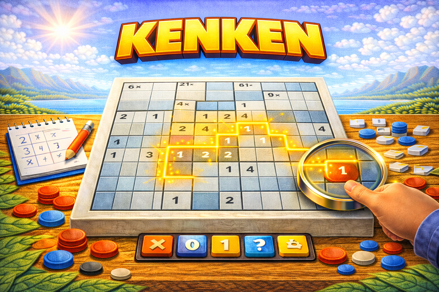 KenKen math puzzle — fill the grid using arithmetic cages with addition, subtraction, multiplication, and division