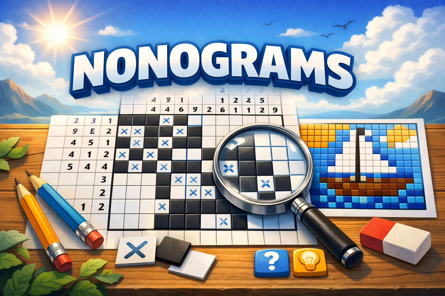 Nonograms picross puzzle game — fill cells to reveal a hidden picture using row and column clues