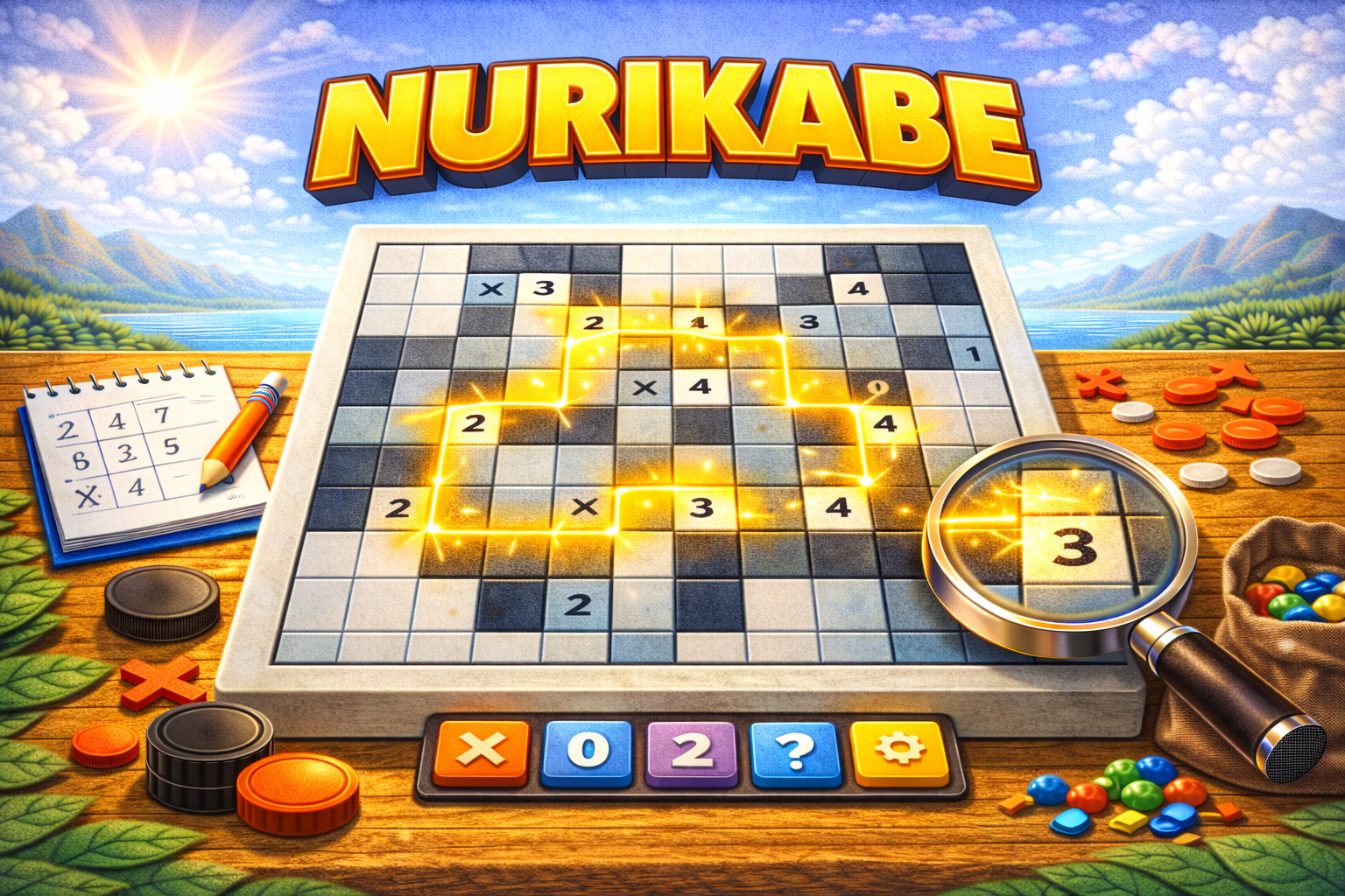 Nurikabe island puzzle — shade cells to form a connected sea with numbered islands