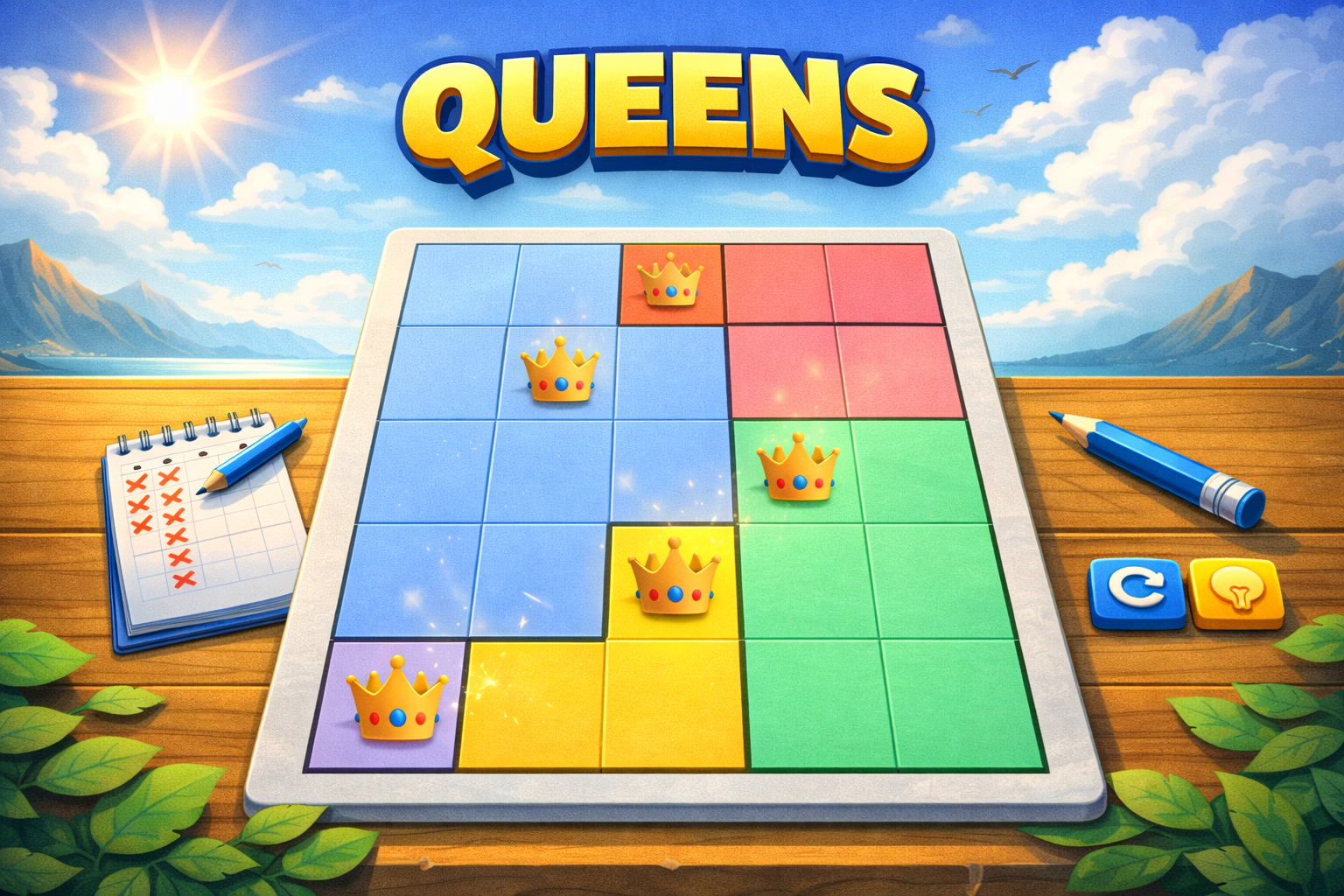 Queens puzzle game — place one queen per row, column, and colored region on the board