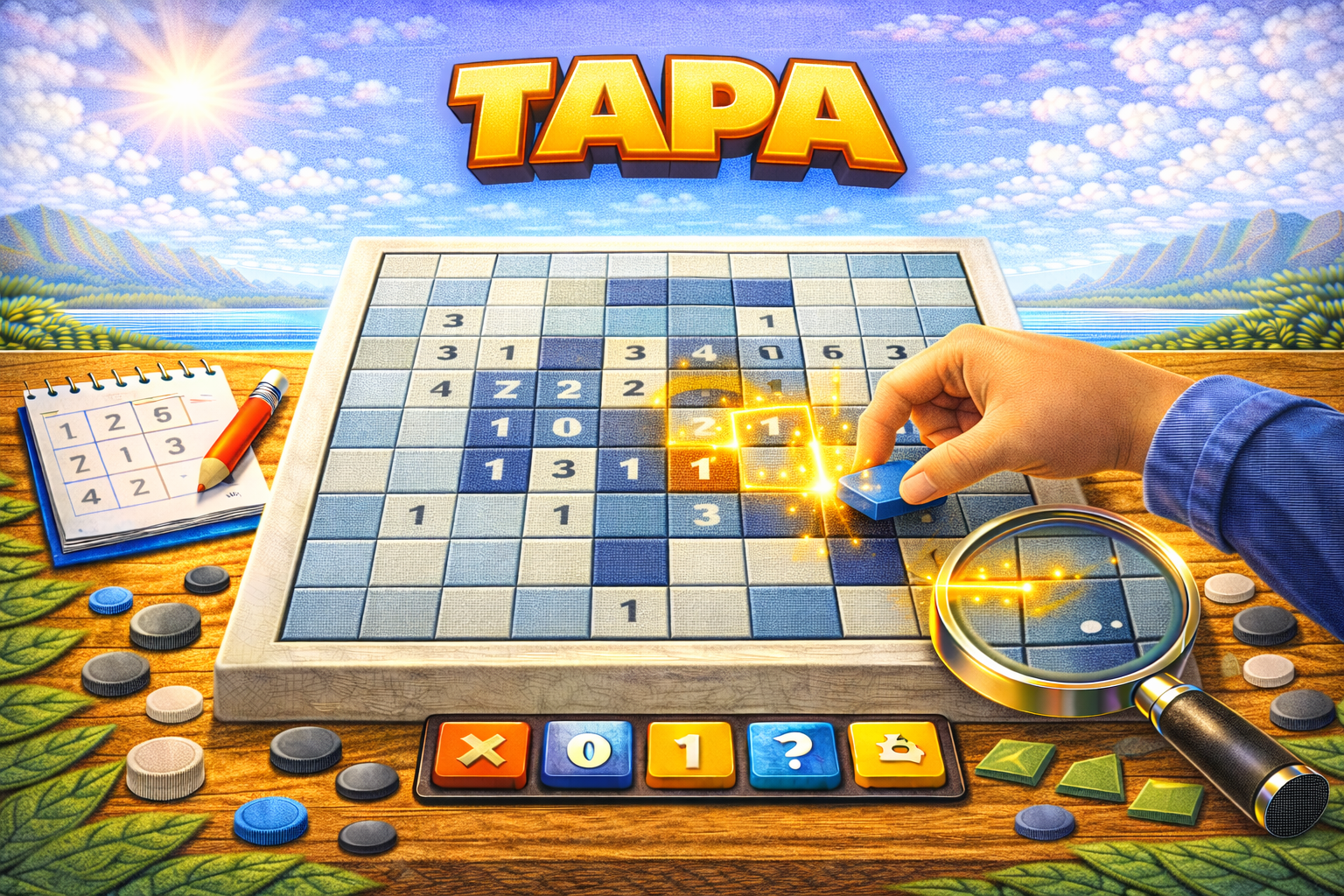 Tapa logic puzzle — shade cells to form a connected wall using numbered clues